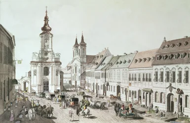 Die Pfarrkirche und der Friedhof von Fauxbourg, vom Künstler graviert